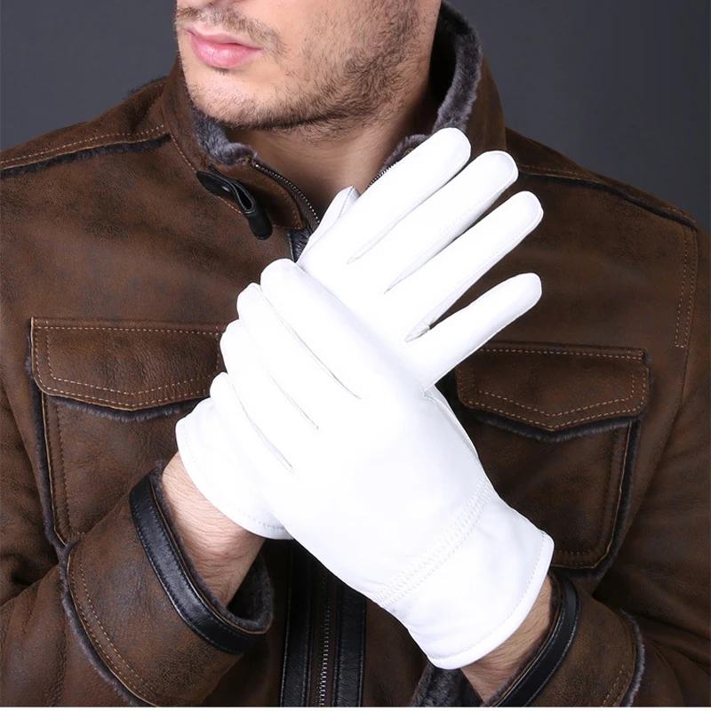 Leather Driving Glove - 2025 冬の本革白手袋男性女性保温固体手首ラムスキンドライビンググローブ
