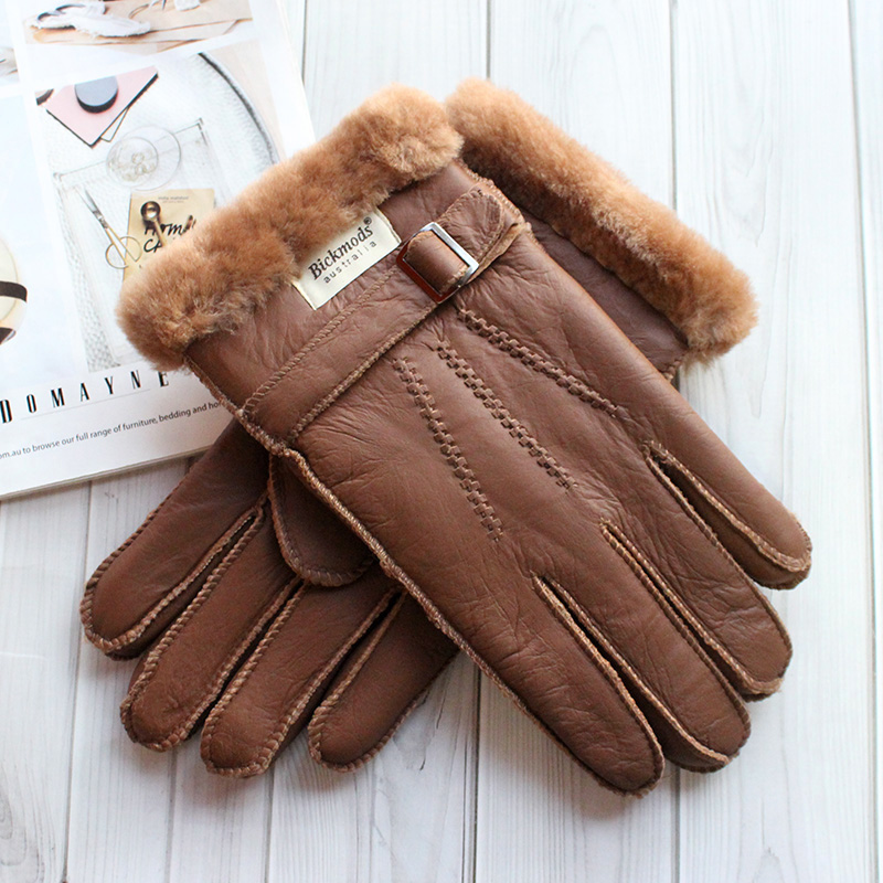 Leather Driving Glove - シープスキンの毛皮の手袋メンズ厚い冬暖かい大型屋外防風防寒ハンドステッチ縫製革指手袋