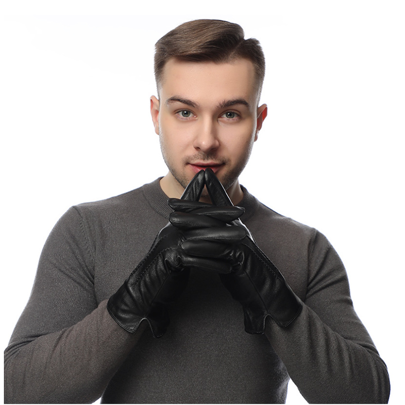 Wool Glove Lined - 冬の本物のシープスキンレザー手袋男性暖かいウール裏地フルフィンガータッチスクリーン屋外サイクリング運転オートバイグローブ