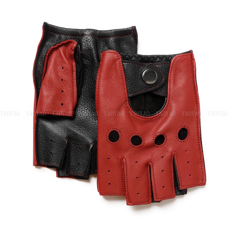 Leather Driving Glove - 春男性100%純粋本革ハーフフィンガー薄手手袋男性本物の羊皮レッド/ブラウン/ブルー運転乗馬用手袋グアンテス