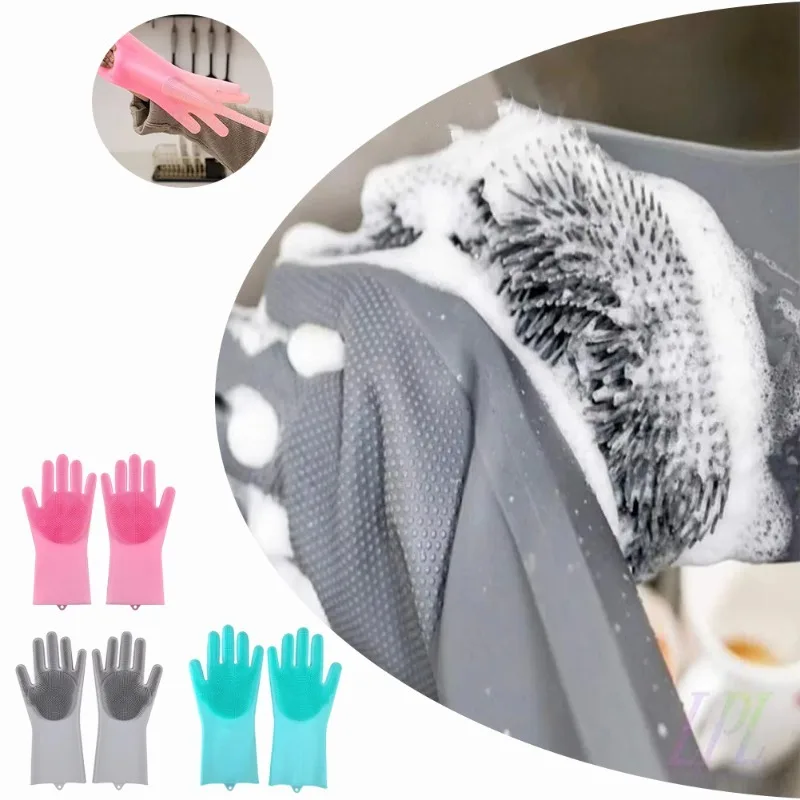 Dish Glove Rubber - 1pc シリコーン食器洗い手袋クリーニング手袋シリコーンゴムスポンジ手袋スクラバーキッチンクリーニングツールペットバス手袋