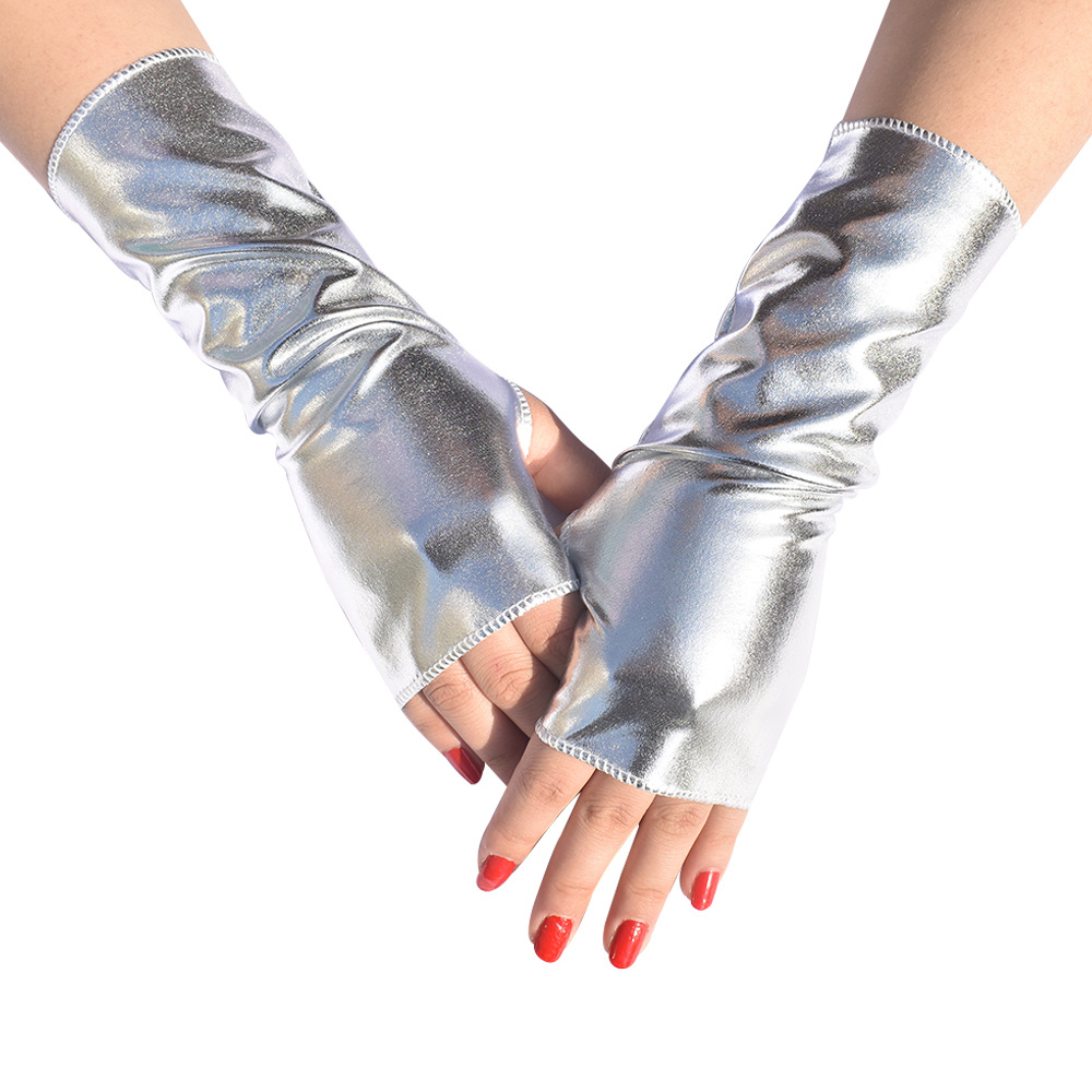 Fingerless Glove Knit - 1組 レディース フェイクパテントレザー パンク ゴシックスタイル ショートフィンガーレスグローブ